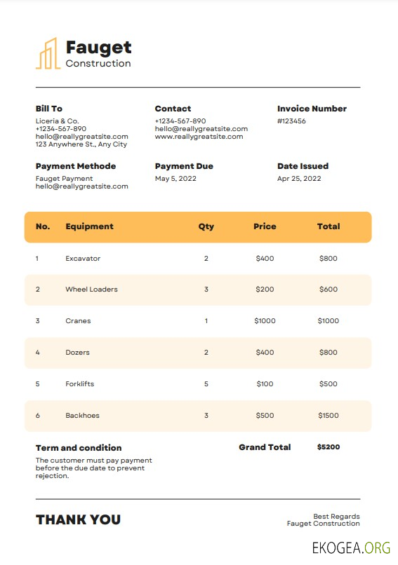 Modèle de facture de construction template Modèle de facture de construction template